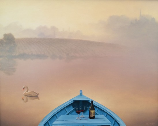 surreal painting, boat, lovers boat ride, wine for two, wine, swan, surreal landscape, surreal boat